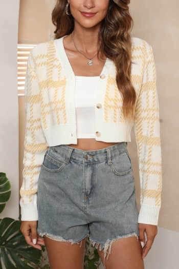 Autumn winter new three colors plaid knitted stretch v-neck single-breasted stylish all-match crop sweater (only sweater)