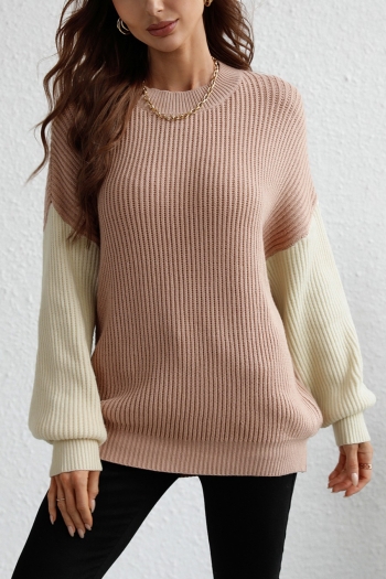 winter new 5 colors contrast color stitching lantern-sleeve loose knitted stretch stylish casual sweater