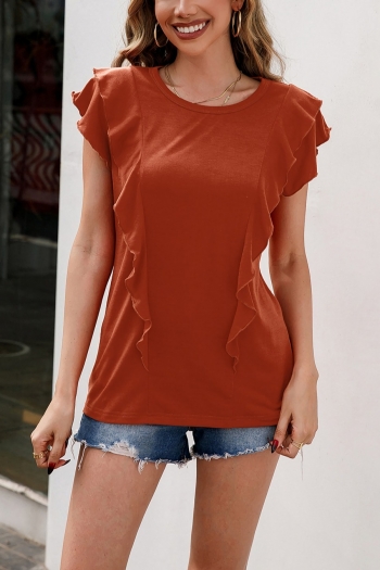 summer new stylish three colors ruffle crew neck short sleeve stretch casual top