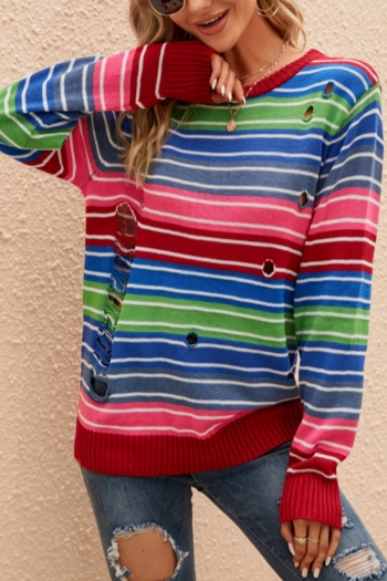 autumn & winter new multicolor stripe knitted stretch holes stylish thin sweater