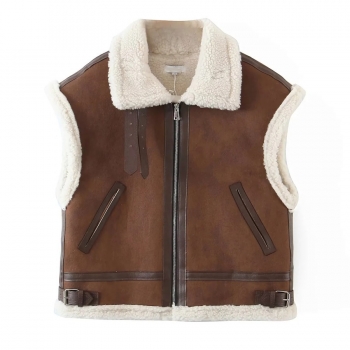 winter new inelastic contrast color spliced zip-up pocket lamb wool stylish warm cotton vest coat