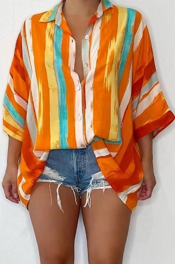 summer new 2 color stripe contrast color inelastic three-quarter sleeve turndown collar single breasted loose stylish casual blouse(only blouse)