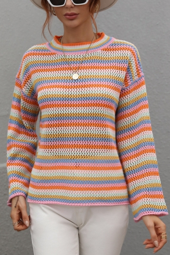 autumn & winter new cutout mlticolor stripe knitted slight stretch stylish all-match sweater#1#