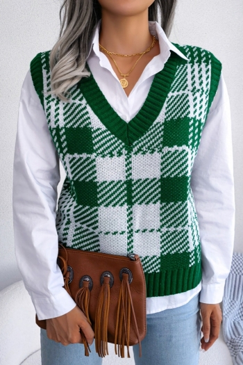 autumn & winter new 3 colors stretch contrast color spliced plaid knitted v-neck stylish vest sweater