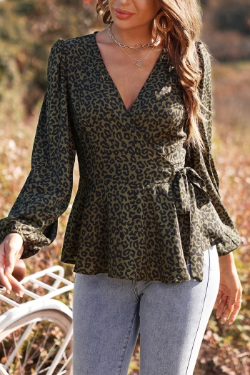 xs-l spring & summer new leopard printing inelastic long sleeve v-neck ruffle lace up stylish casual blouse