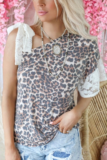 s-2xl plus size summer new leopard printing lace patchwork stretch strappy lace up stylish casual top