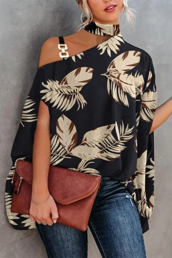 s-2xl plus size summer new leaf batch printing inelastic diagonal collar hollow metallic-ring connected loose stylish casual top