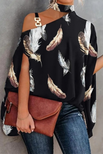 s-2xl plus size summer new feather batch printing inelastic hollow diagonal collar metallic-ring connected loose stylish casual top