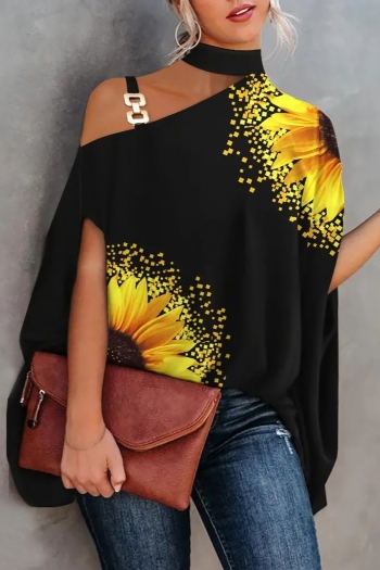 s-2xl plus size summer new fixed printing inelastic hollow diagonal collar metallic-ring connected loose stylish casual top