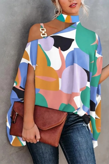 s-2xl plus size summer new contrast color batch printing inelastic hollow diagonal collar metallic-ring connected loose stylish casual top