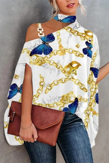 s-2xl plus size summer new butterfly & chain & mask batch printing inelastic diagonal collar hollow metallic-ring connected loose stylish casual top