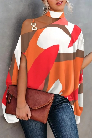 s-2xl plus size summer new color block batch printing inelastic diagonal collar hollow metallic-ring connected loose stylish casual top