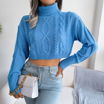 autumn & winter new 3 colors stretch knitted high neck long sleeves stylish crop sweater