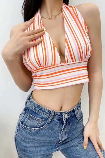 summer new two colors stripe printing stretch deep v backless tied halter-neck sexy crop tank top