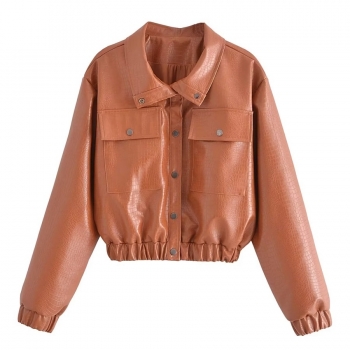 xs-l autumn & winter new solid color slight stretch pu single-breasted pocket crocodile pattern fashion jacket