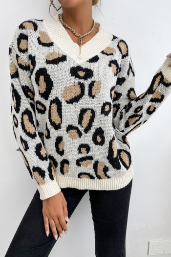 winter new knitted leopard patchwork stretch long sleeve v-neck stylish casual sweater