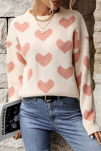 autumn & winter new knitted heart shape pattern stretch long sleeve crew neck loose stylish casual sweater