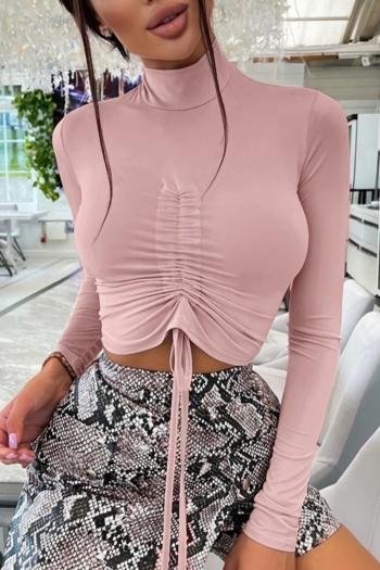 autumn new two colors stretch drawstring long sleeves sexy slim crop top (only top)