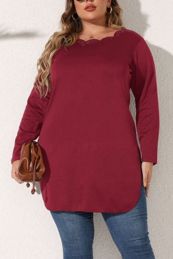 l-4xl autumn new plus size two colors pure color stretch cutout split side long sleeves stylish all-match top
