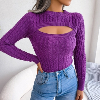 autumn new stylish 3-colors simple solid color knitted hollow slight stretch slim sexy sweater
