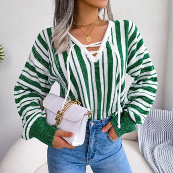 autumn new stylish 3-colors contrast color striped knitted loose slight stretch v-neck casual sweater