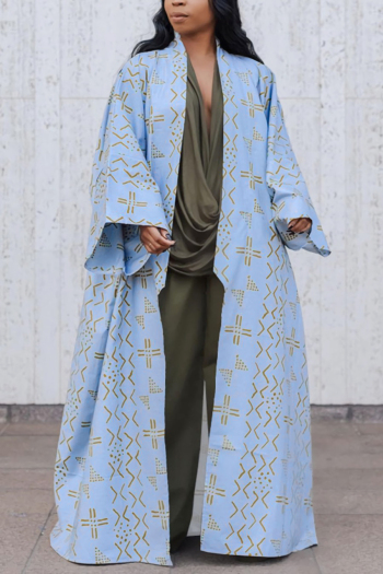 s-4xl autumn new plus size geometric pattern batch printing stretch long sleeve loose stylish casual cardigan(only cardigan)