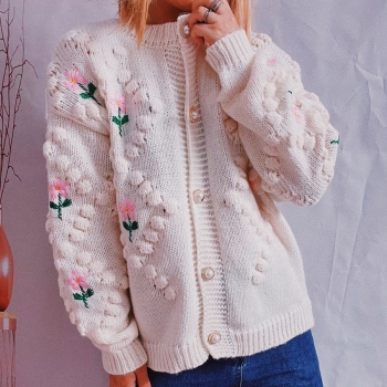 winter new two colors flower embroidered stretch single-breasted stylish thick knit sweater