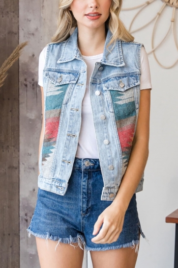 autumn new stylish 3-colors patchwork contrast color pocket non-stretch single-breasted casual denim vest