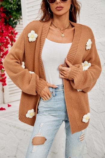 winter new flower decor slight stretch long-sleeve loose stylish all-match knitted cardigan sweater