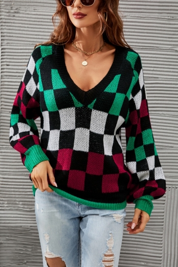 autumn & winter new plaid knitted slight stretch v-neck lantern-sleeve stylish all-match sweater