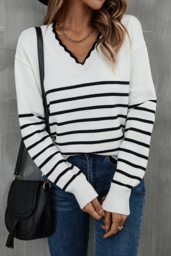 autumn & winter new 3 colors stripe knitted slight stretch v-neck long-sleeve stylish all-match sweater