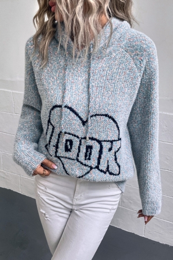 winter new two colors letter heart pattern knitted slight stretch hooded loose stylish casual sweater