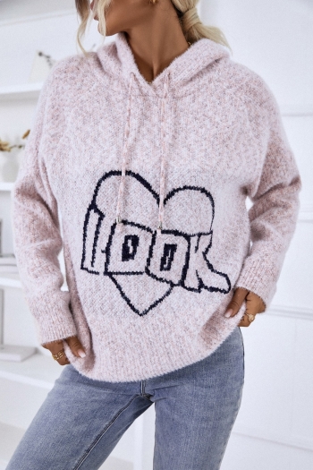winter new three colors letter heart pattern knitted slight stretch hooded loose stylish casual sweater