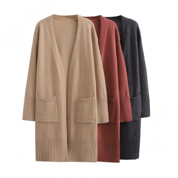 winter new 3 colors stretch knitted solid color pocket stylish long cardigan sweater