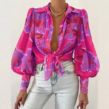 autumn new 3 colors batch printing non-stretch single-breasted puff-sleeve stylish blouse