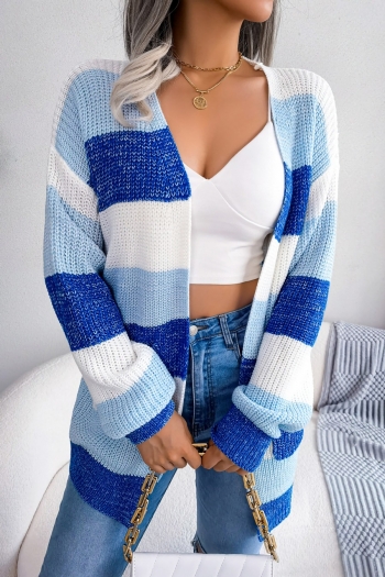winter new 3 colors stripe contrast color knitted slight stretch pockets stylish all-match cardigan sweater