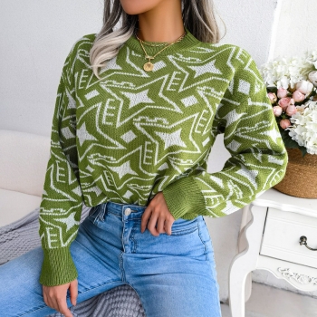 Winter new 3 colors geometric pattern knitted slight stretch stylish casual sweater