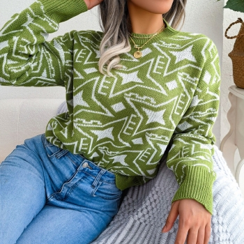 Winter new 3 colors geometric pattern knitted slight stretch stylish casual sweater