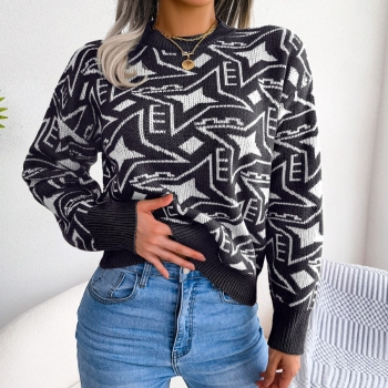 Winter new 3 colors geometric pattern knitted slight stretch stylish casual sweater