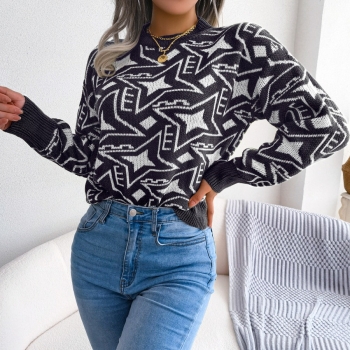 Winter new 3 colors geometric pattern knitted slight stretch stylish casual sweater