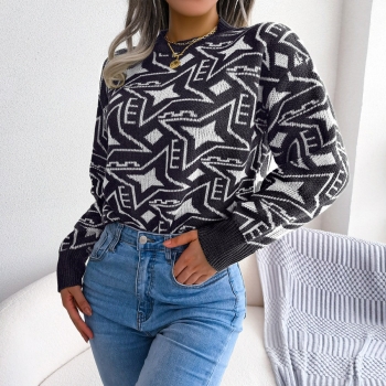 Winter new 3 colors geometric pattern knitted slight stretch stylish casual sweater