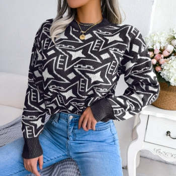 Winter new 3 colors geometric pattern knitted slight stretch stylish casual sweater