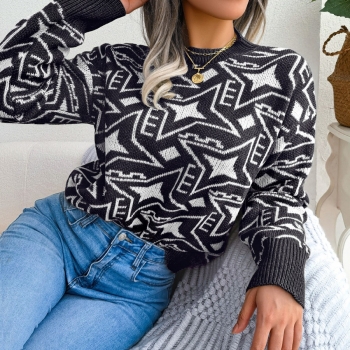 Winter new 3 colors geometric pattern knitted slight stretch stylish casual sweater