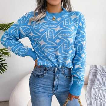 Winter new 3 colors geometric pattern knitted slight stretch stylish casual sweater