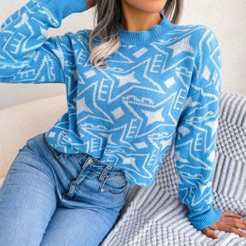 Winter new 3 colors geometric pattern knitted slight stretch stylish casual sweater