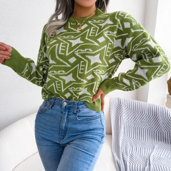 Winter new 3 colors geometric pattern knitted slight stretch stylish casual sweater