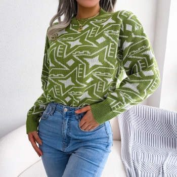 Winter new 3 colors geometric pattern knitted slight stretch stylish casual sweater