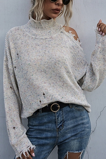 winter new 4 colors knitted stretch irregular holes long sleeve high neck stylish loose all-match casual sweater