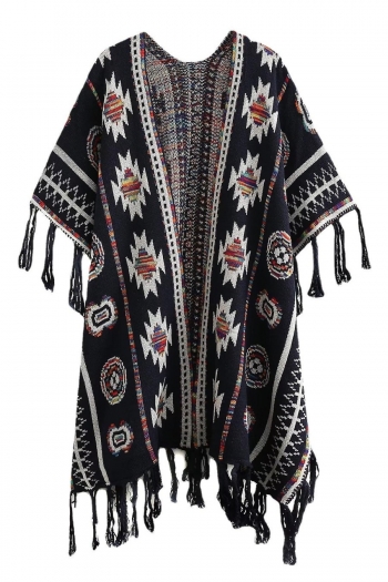autumn & winter new stretch knitted geometric pattern tassel stylish cardigan shawl sweater