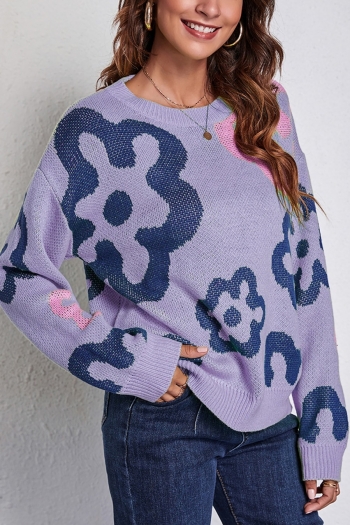 autumn new stylish 3-colors simple slight stretch loose flower jacquard knitted casual sweaters